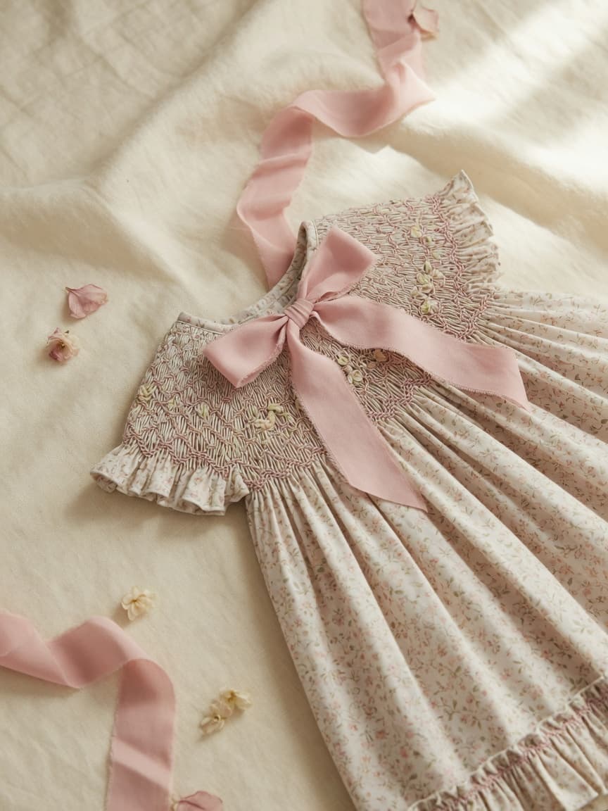 Floral smocked dress flat lay with ribbon bow